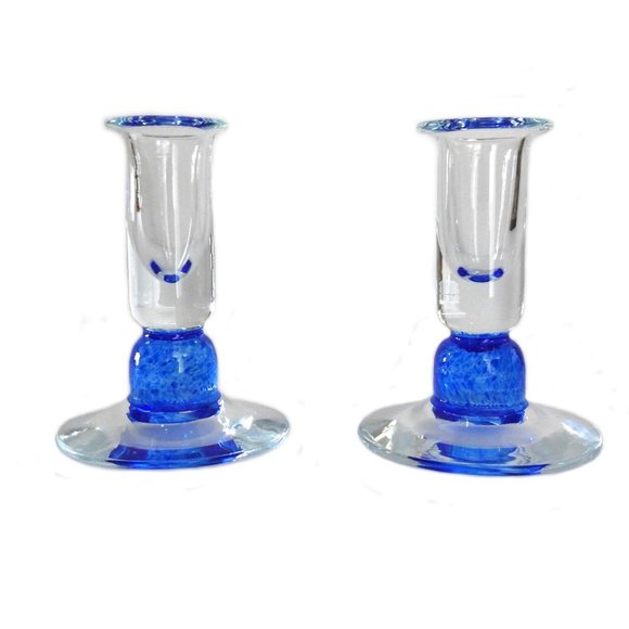 Vintage Clear and Cobalt Blue Glass Candlestick Holders Set of 2 - Picture 1 of 4